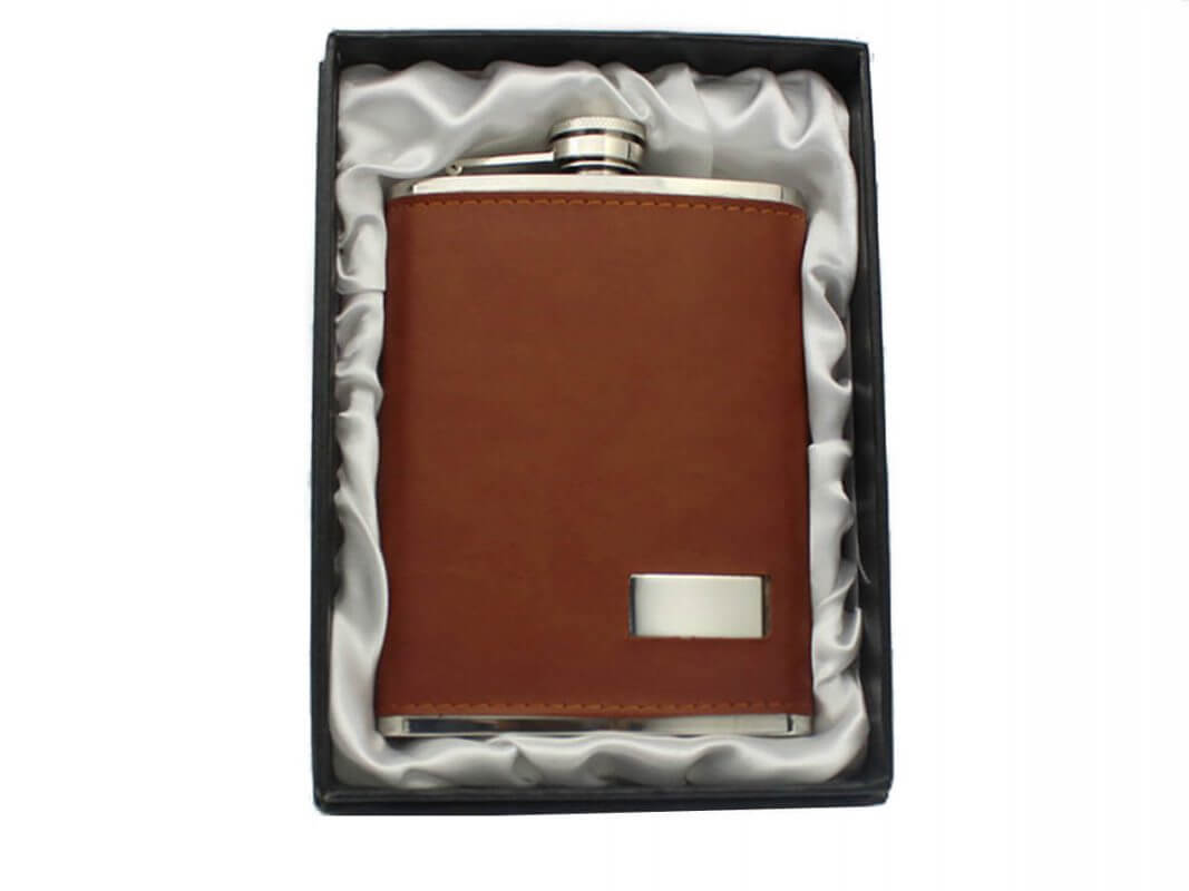 Brown Leather 8oz Hip Flask in Gift Box