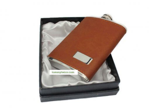Brown Leather 8oz Hip Flask in Gift Box