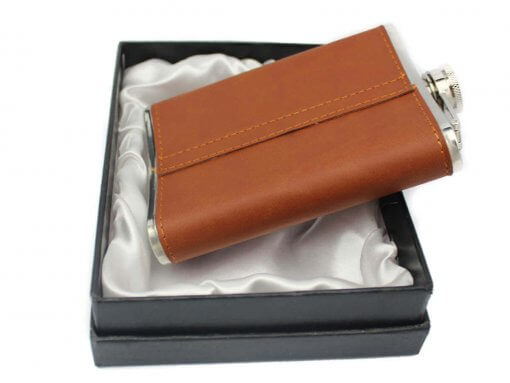 Brown Leather 8oz Hip Flask in Gift Box