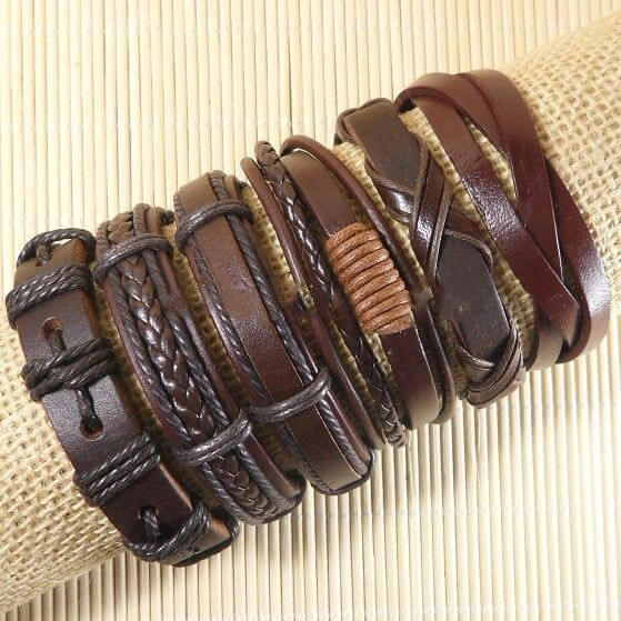 Brown Leather Wristband with Hemp Cord - Assorted Styles