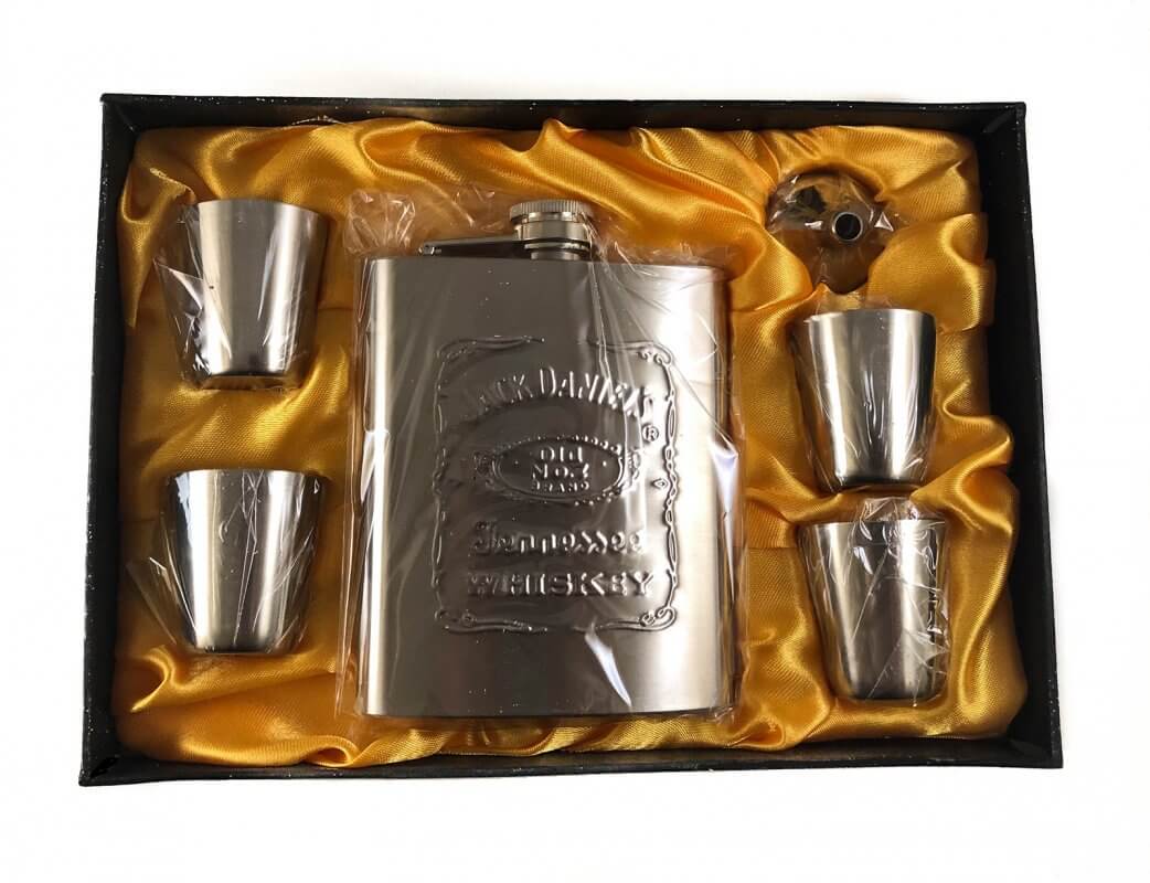 Jack Daniels 7oz Hip Flask 6 Piece Gift Set