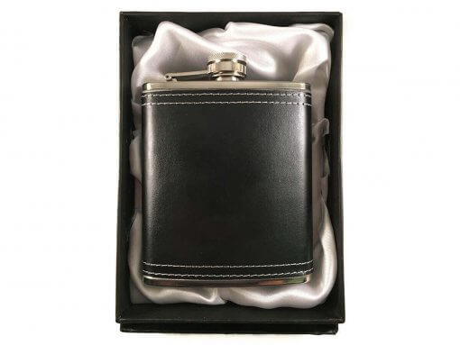 Stainless Steel Black Leather 7 oz Hip Flask