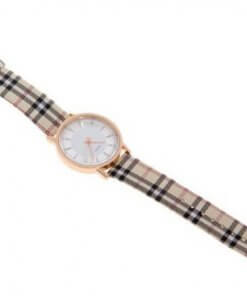 Watch with Large Dial, Plaid Band & Rose Gold Colour Casing