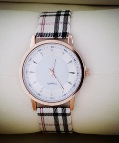 Watch with Large Dial, Plaid Band & Rose Gold Colour Casing