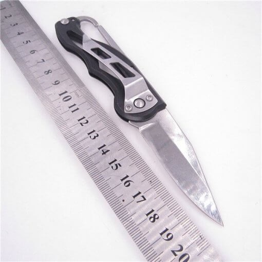 Stainless Steel Black Folding Knife with Carabiner and Belt Clip