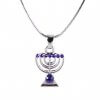 Silver Necklace with Menorah Pendant and Glass Crystals in Blue