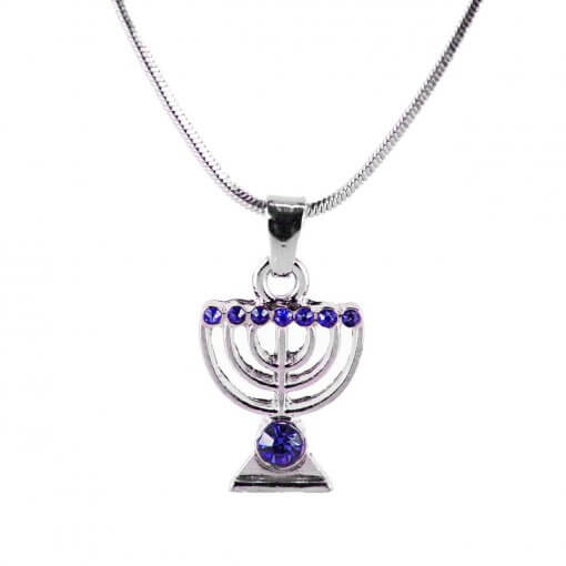 Silver Necklace with Menorah Pendant and Glass Crystals in Blue