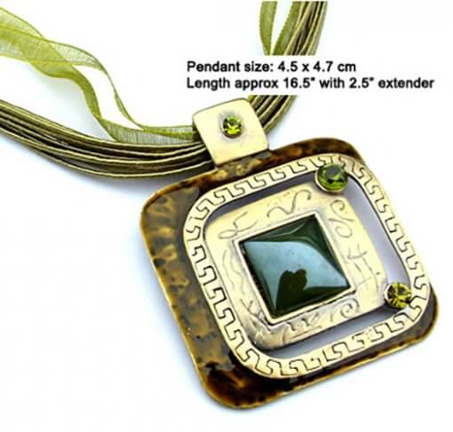Square enamel pendant necklace with silk cord