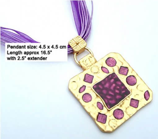 Inlaid enamel pendant necklace with silk cord
