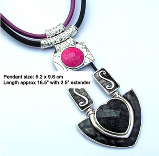 Pink & purple enamel pendant necklace with silk cord