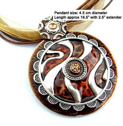 Swirl circular enamel pendant necklace with silk cord - Bronze