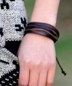 Unisex Brown Leather Wristband with Cord