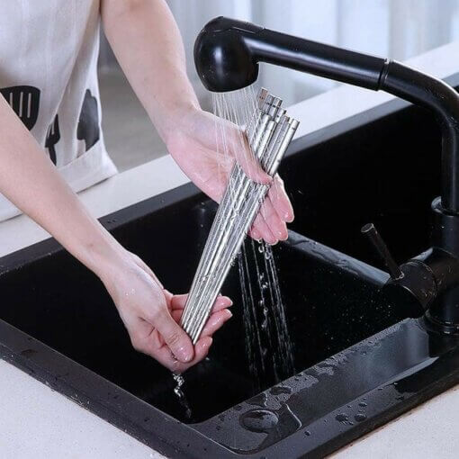 5 Pairs Stainless Steel Reusable Dishwasher Safe Chopsticks with Grooved Tips