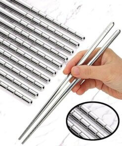 5 Pairs Stainless Steel Reusable Dishwasher Safe Chopsticks with Grooved Tips