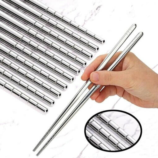 5 Pairs Stainless Steel Reusable Dishwasher Safe Chopsticks with Grooved Tips