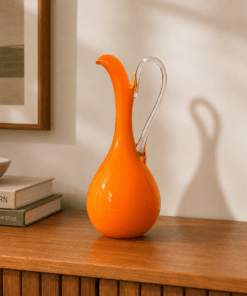 Vintage Empoli Italian Orange Art Glass Ewer Vase