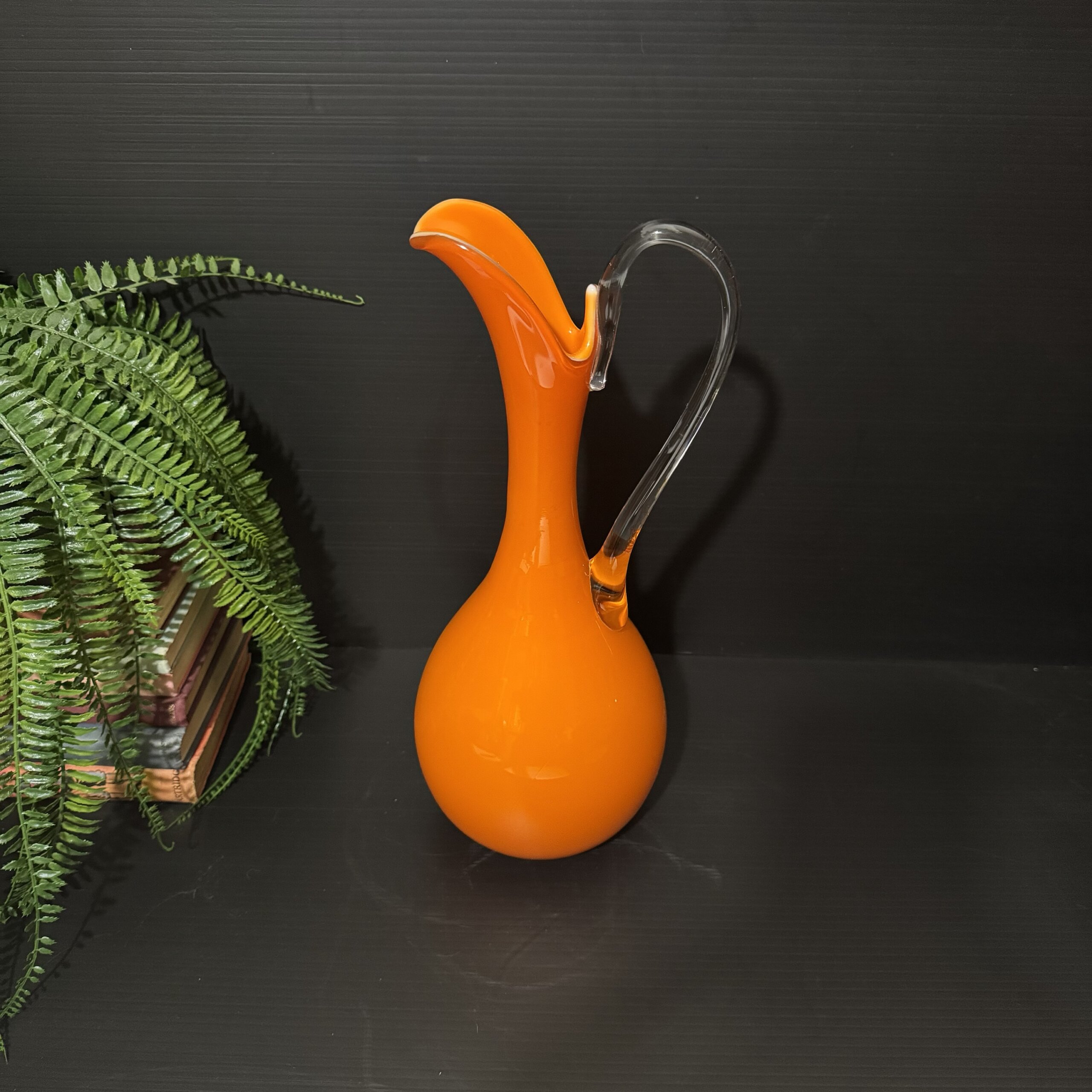 Vintage Empoli Italian Orange Art Glass Ewer Vase