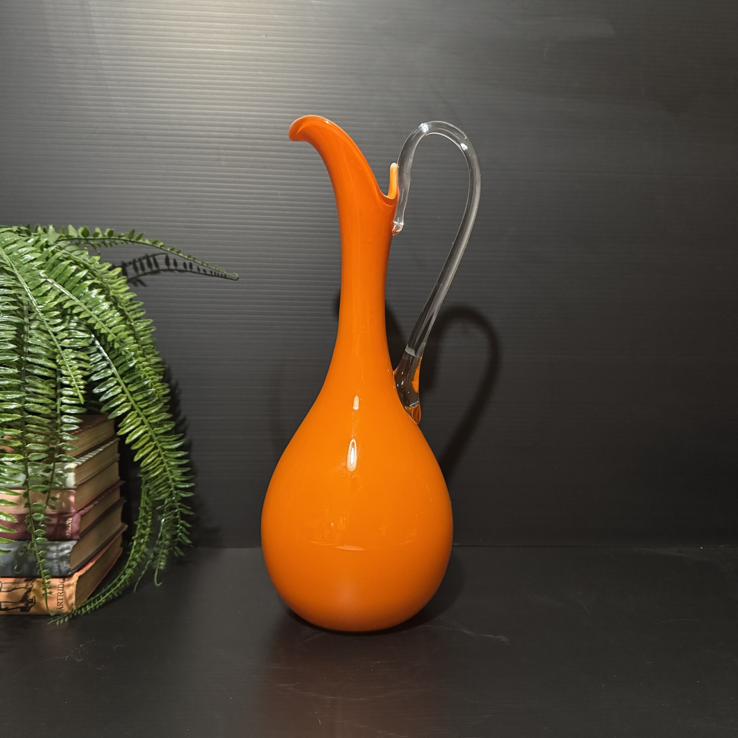 Vintage Empoli Italian Orange Art Glass Ewer Vase