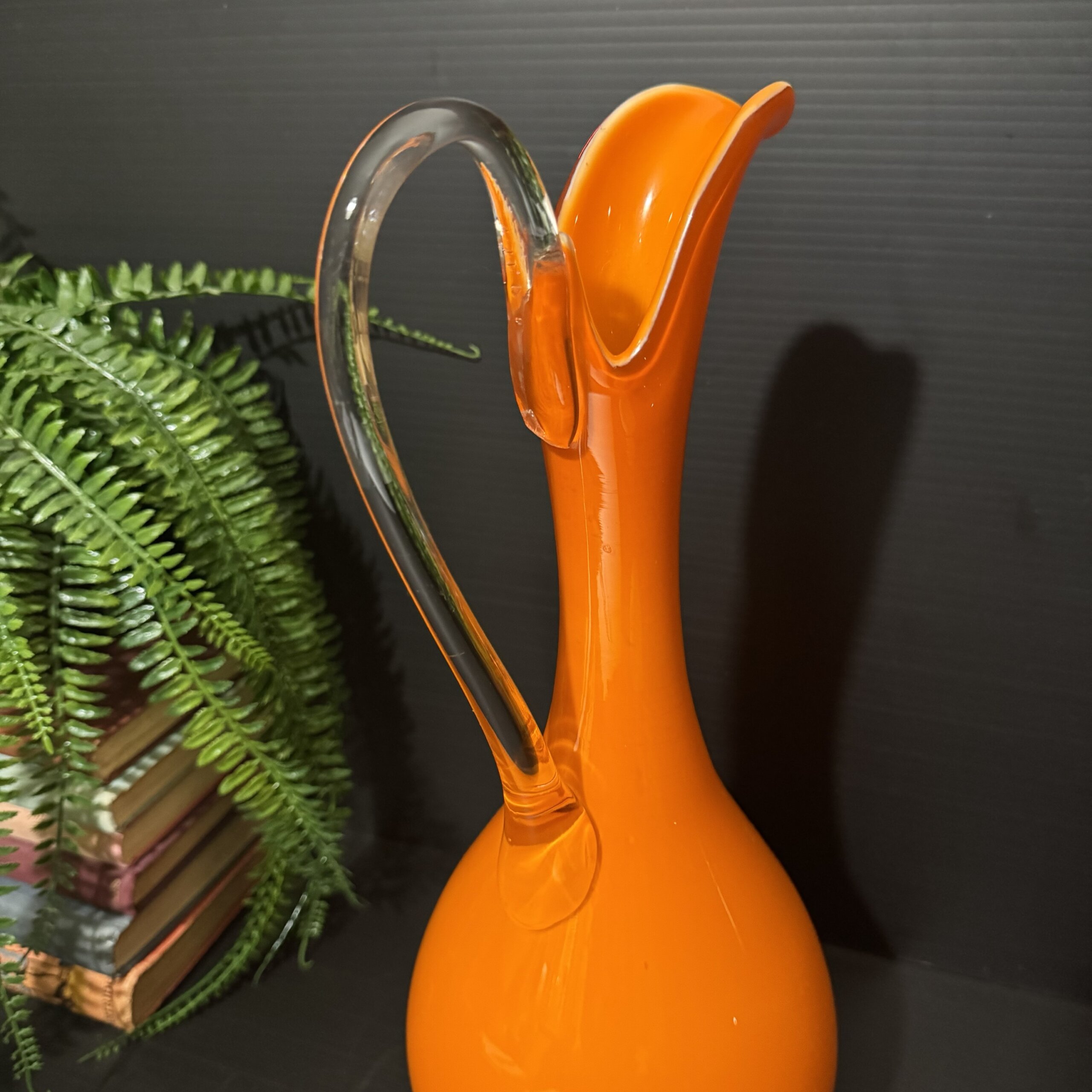 Vintage Empoli Italian Orange Art Glass Ewer Vase
